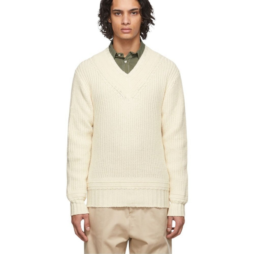 * NEW Officine Generale Gino V Neck Italian Wool Cream Sweater Size L